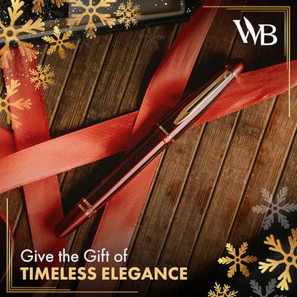 Wordsworth & Black Majesti Fountain Pen-(Red), Luxury Case, 24K Gold Finish; 18K Gilded Medium Nib- Ink Cartridges, Refillable Ink Converter-Calligraphy Pen-Best Business Gift Set for Men & Women | Red, Gift for Men Women, Gold Finish, 18K German Iridium,