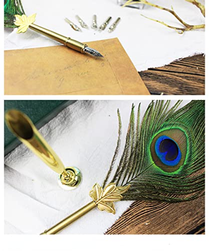 Peacock Feather Quill Pen Set- Vintage Writing Feather Calligraphy Pen with Pen Holder, as Birthday Xmas Gift