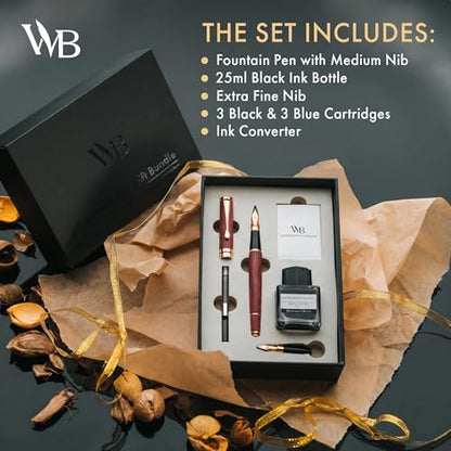 Wordsworth & Black Fountain Pen Set, Luxury Bamboo Wood - Medium Nib, Extra FIne Nib, Gift Case; 25ML Black Ink Bottle, 6 Ink Cartridges, Refill Converter - Calligraphy, Writing [Violet Wood] - color: Violet Wood