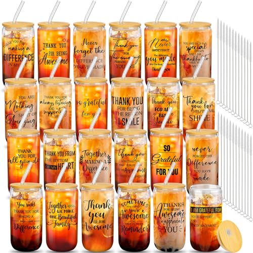 Layhit 24 Set Thank You Team Gifts for Employees Staff Coworker Appreciation Gifts for Teacher Nurse Thank You Glass Cups 16 oz Can Shaped Beer Glass with Lids Straws Brushes(Adorable Style) - style: Adorable Style