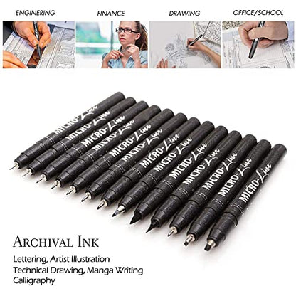 Micro-Pen Fineliner Ink Pens, 13 Pack Black Micro Fine Point Drawing Pen Waterproof Archival Ink Multiliner Pens for Artist Illustration, Sketching, Technical Drawing, Anime, Manga