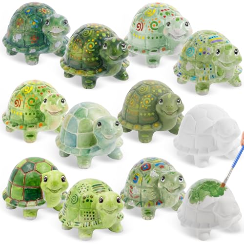 Ferrochef 12 Pack Paint Your Own Ceramic Turtle DIY Craft Kits Unpainted Ceramic Turtle Bisque 3D Paintable Animal Figurines Art DIY Party Favors for Home, Classroom Birthday Parties - style: Turtle