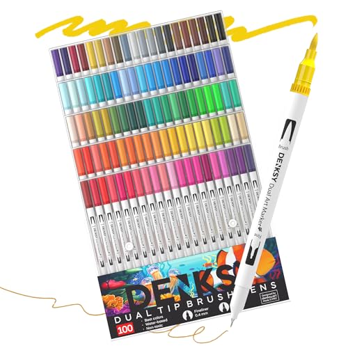 100 Watercolor Markers Set | Water Color Pens with Brush & Fineliner, Water-Based Art Markers | Dual Tip Markers for Adult Coloring, Lettering, Calligraphy, Sketching, Journaling & Illustration - color: White