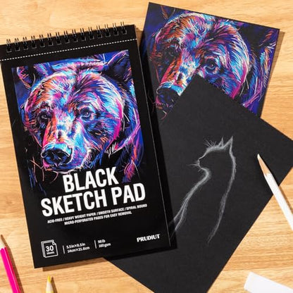 30 Sheets Black Paper Sketchbook, 98lb/160gsm Heavyweight Black Sketch Pad 5.5×8.5in, Acid-Free Drawing Paper, Spiral Bound Sketch Book for Kids, Teens, Artist - size: 5.5×8.5 Inch (1 pack)