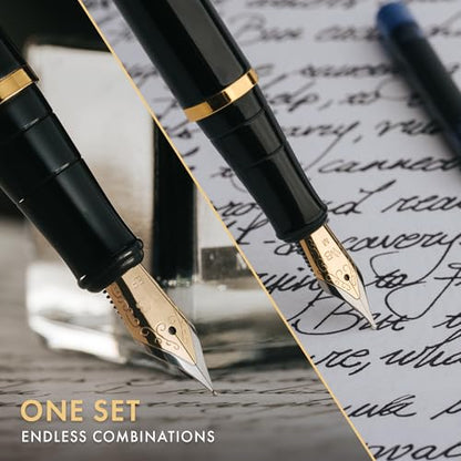 Wordsworth & Black Fountain Pen Set,18K Gilded Medium and Extra Fine Nib,25MLBlack Ink Bottle,6 Ink Cartridges,Refill Converter,Gift Box,Smooth Writing Pens [Black Gold],Gift Set for Men and Women - color: Black Gold