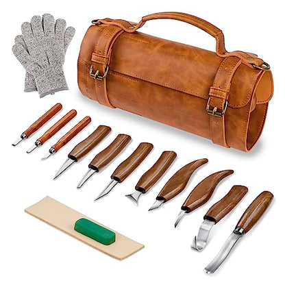 Tekchic Wood Carving Kit Deluxe-Whittling Knife, Wood Carving Knife Set, Wood Whittling Kit for Beginners, Carving Knife Woodworking Wood Carving Tools Set with Large Leather Case - color: Brown