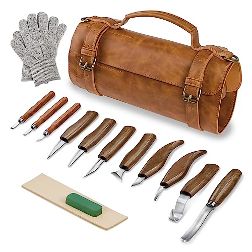 Tekchic Wood Carving Kit Deluxe-Whittling Knife, Wood Carving Knife Set, Wood Whittling Kit for Beginners, Carving Knife Woodworking Wood Carving Tools Set with Large Leather Case - color: Brown