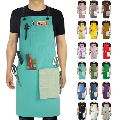 Kitchen Apron, Work Apron, Canvas, Multiple Pockets, Gardening, Painting, BBQ, Artist, Carpenter, Sizes M to XXL, Ice Blue - color: Ice Blue