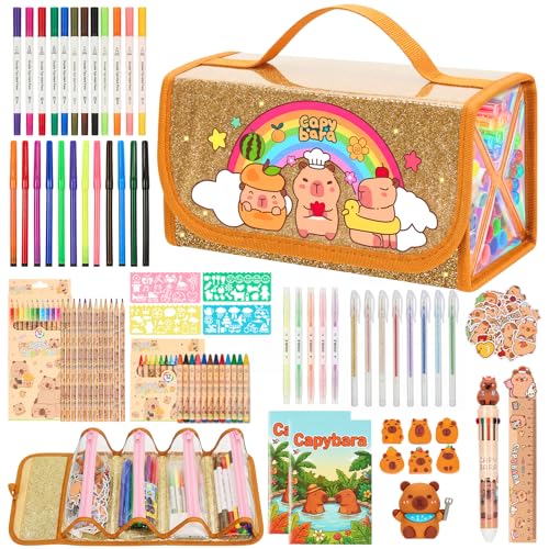 Defresit 129 PCS Washable Markers Set- Capybara Gifts for Girls, Art Supplies for Kids with Glitter Pencil Case, Coloring Kits for Kids, Ideal Gifts for Birthday Christmas Back to School - color: Capybara