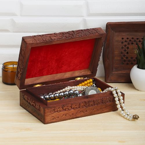 Ajuny Hand Carved Wooden Keepsake Box, Tree of Life Jewelry Box for Women | Acacia wood memory & trinket box, red velvet lined, 8x5 in. Decorative keepsake gift box for jewelry, watches, treasures