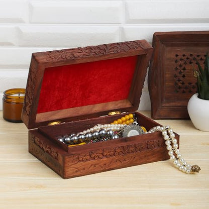 Ajuny Hand Carved Wooden Keepsake Box, Tree of Life Jewelry Box for Women | Acacia wood memory & trinket box, red velvet lined, 8x5 in. Decorative keepsake gift box for jewelry, watches, treasures