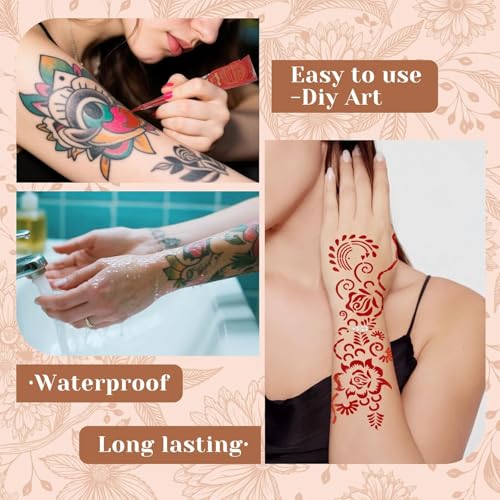 Temporary Body Art Tattoo Kit with 9 Colors Cones,18 Reusable Stencils, 255 Pcs Designed Tattoos Pattern,Mixing Bottles, Brush & Gloves, DIY Skin Art Set for Festivals, Parties & Creative Makeup - color: E-9Pcs