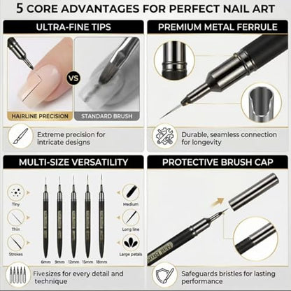 5 Pcs Nail Art Liner Brushes, Thin Detail Brushes for Gel Polish Painting, Sizes 6/9/12/15/18mm, Professional Nail Design Tools for Intricate Lines & DIY Manicure-Black
