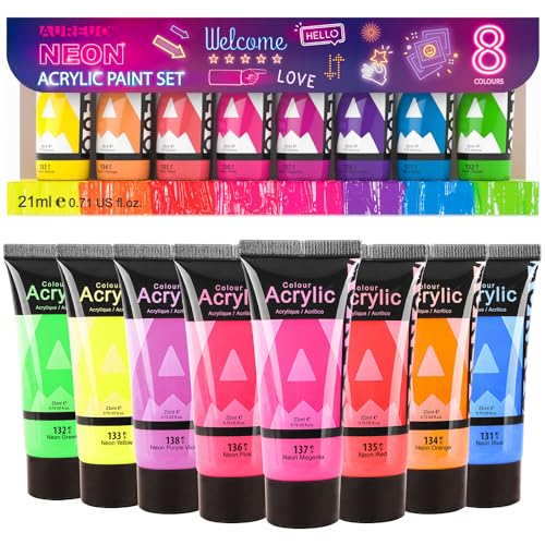 AUREUO Neon Acrylic Paint Set - 8 Fluorescent Colors 0.71 Fl Oz / 21ml Art Paint Tubes for Crafts Decor Rich Pigments Non-toxic Painting Supplies for Artists Hobby Painters Adults - color: 8 Neon Colors, size: 0.71 Fl Oz (Pack of 8)