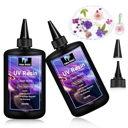 VIDA ROSA UV Resin 500g- 2 Pcs Upgraded Crystal Clear, Low Odor Hard Ultraviolet Curing Epoxy Resin for Jewellry Making Art Pendants, Earrings, Bracelets, Casting & Coating - color: 2*250g