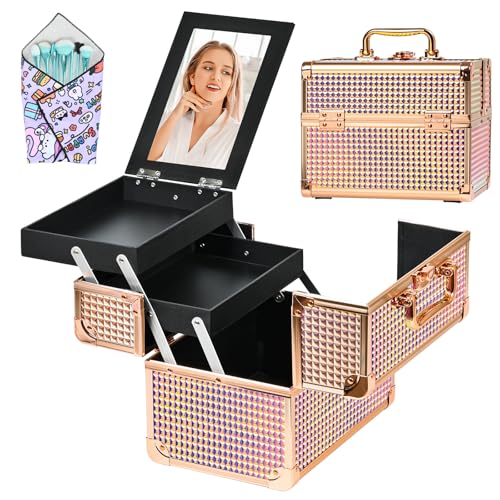 Makeup Case Organizer,Makeup Train Case, Trays Cosmetic Box Portable, Profesional for Salon Barber, Colorful Pink - color: Colorful Pink