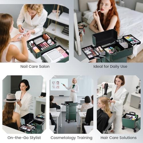 Rolling Makeup Case Makeup Train Case with Lid 5 in 1 Cosmetology Case on Wheels Cosmetic Trolley Organizer Large Makeup Organizers Case Profesional Cosmetic Case for Salon Barber Nail Beauty, Green - color: Green