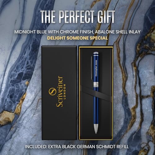 Scriveiner Personalized Midnight Blue Ballpoint Pen - Stunning Blue Lacquer Luxury Pen, Chrome Finish, Schmidt Ink Refill, Best Engraved Ball Point Gift Set for Men & Women, Custom Name Engraving - color: 9. Midnight Blue with Chrome (Personalized)