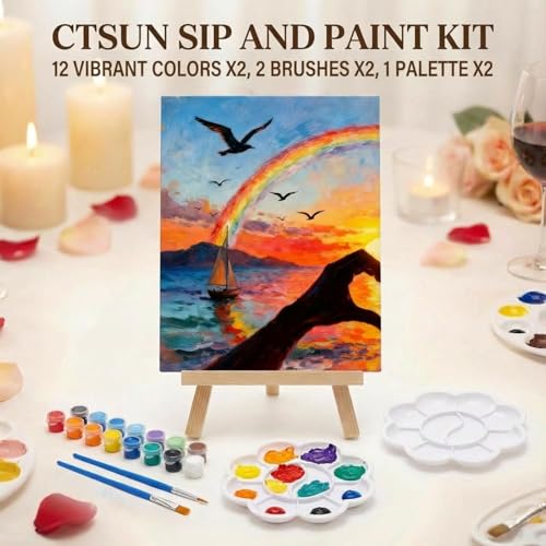 2 Pack Sip and Paint Kit for Couples – Pre-Drawn 8x10 Canvas Painting Set with Acrylic Paints & Brushes, Romantic Date Night Activity for Adults at Home (Premium Edition)