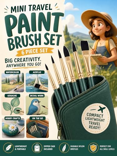 6-Piece Mini Travel Watercolor Brush Set–Flat & Round Paint Brushes Portable Tiny Brush for Watercolor, Oil, Acrylic Painting