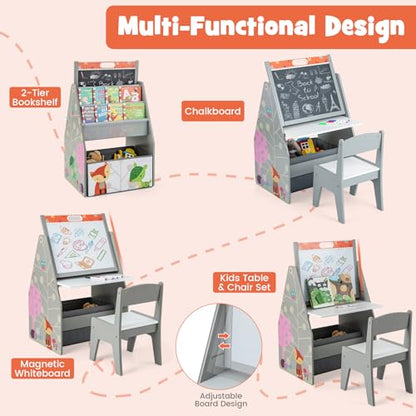HONEY JOY Kids Art Easel, Wooden Double-Sided Toddler Table & Chair Set w/Adjustable Magnetic White Board & Chalkboard, Bookshelf & Storage Bin, Arts & Crafts, Kids Art Table for Boys Girls (Gray) - color: Gray