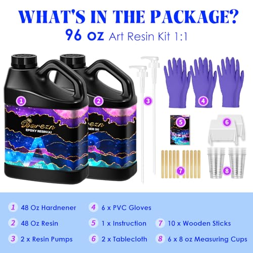 Bsrezn Epoxy Resin Kit - 96 oz with Pumps, 1:1 Mix Ratio, Crystal Clear, Bubble-Free, High Gloss Finish for Coating, Casting, Art, Jewelry, and DIY Projects (48 oz x 2) - size: 96 OZ Kit