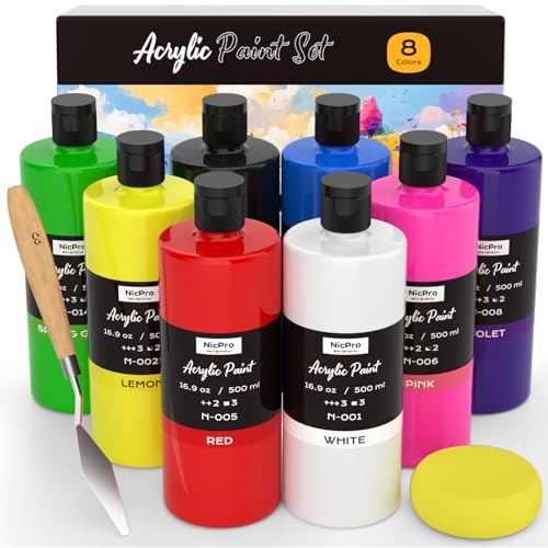 Nicpro 8 Colors Large Bulk Acrylic Paint Set(16.9 oz), Rich Pigments, Non Toxic Craft Paint for Multi Surface, Canvas, Wood, Leather, Ceramic - Art Painting Supplies for Beginners, Artists & Adults - color: 8 Colors, size: 16.9 Fl Oz (Pack of 8)