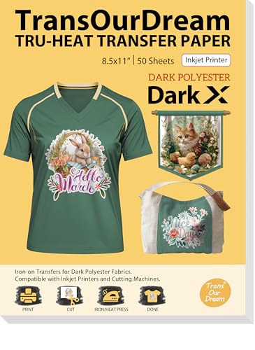 TransOurDream Heat Transfer Paper for Dark Polyester Fabrics (Dark X, 8.5"x11", 50 Sheets) Printable Iron on Heat Transfer Vinyl for Inkjet Printer - color: DarkX, size: 50 Sheets