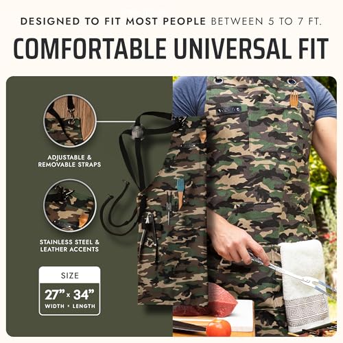 Asaya Chef and BBQ Apron with Bottle Opener and Hand Towel - 10oz Cotton Canvas, Stainless Steel Hardware - Cross Back Straps - color: Green Camo