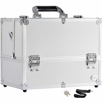 Joligrace Extra Large Makeup Train Case 6 Tray Make Up Artists Organizer Box Lockable Cosmetic Jewelry Toiletries Carrier Crafters Tool Cases with Adjustable Dividers & Shoulder Strap - Silver - color: Silvery White