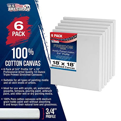 U.S. Art Supply 18 x 18 inch Stretched Canvas for Painting, 12oz Triple Primed, 6-Pack - Professional Artist Quality White Blank 3/4" Profile, 100% Cotton, Heavy-Weight Gesso - Acrylic Pouring, Oil - size: 18" x 18"