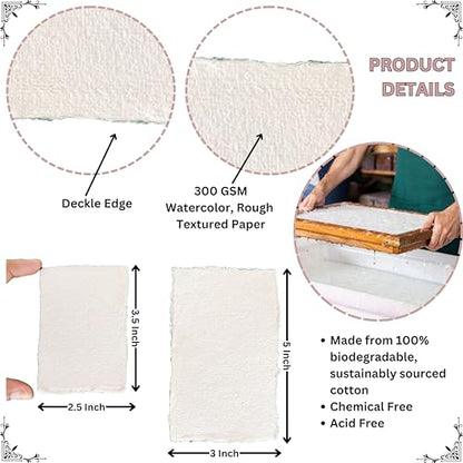 300 GSM Deckle Edge Cotton Paper - Soft, Textured Handmade Sheets for Invitations, Artwork, Stationery, and DIY Crafting (Pack of 25) (2.5 x 3.5 inch) - size: 2.5 x 3.5 inch