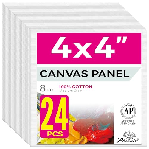 PHOENIX Small Painting Canvas Panels 4x4 Inch, 24 Bulk Pack - 8 Oz Triple Primed 100% Cotton Acid Free Square Canvas Boards for Painting, White Blank Flat Canvas Boards for Acrylic, Oil Paints - color: White - Bulk Pack, size: 4" x 4"
