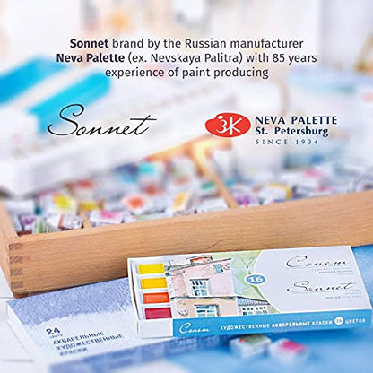 Sonnet Student Grade Watercolor Paint Set 24 Full Pans 2.5ml Vibrant Colors for Artists and Beginners in Cardboard Box by Nevskaya Palitra
