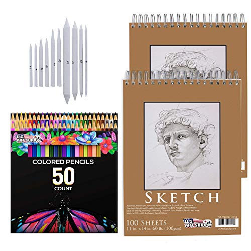 US Art Supply 50 Piece Adult Coloring Book Artist Grade Colored Pencil Set Bundled with 2 Pack of 11" x 14" Premium Spiral Bound Sketch Pad & 10 Piece Artist Blending Stump and Tortillion Art Set