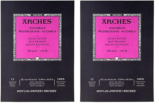 Arches Watercolor Pad 11.69x16.53-inch Natural White 100% Cotton Paper - 12 Sheet Arches Hot Press Watercolor Paper 140 lb Pad - Arches Art Paper for Watercolor Gouache Ink Acrylic and More - size: a3 (Pack of 2)