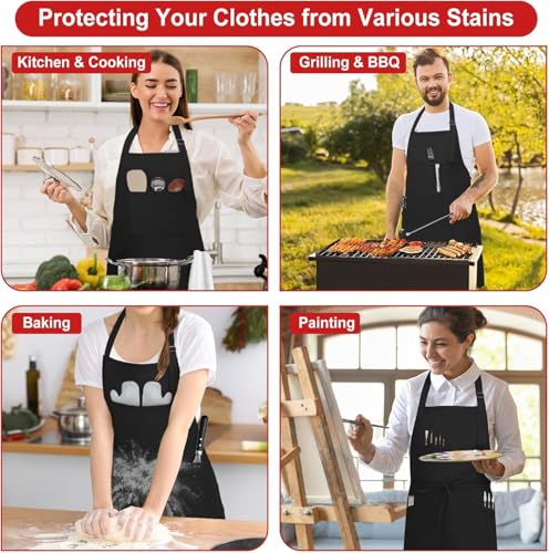SHEOMERN 3 Pcs Dual Waterproof Oilproof Kitchen Chef Aprons with 4 Pockets for Men Women, Adjustable Soft Anti-Tear Cooking Bib Apron for Baking Grilling BBQ Painting Cleaning (Black) - color: Black