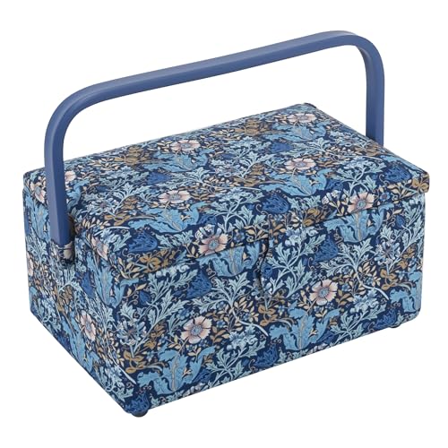 Hobby Gift Medium Sewing Box Organiser, Fabric Covered Storage Box with Handle, Internal Tray, Pin Cushion and Pocket for Sewing, Quilting and Knitting Supplies - color: Woodblock Floral