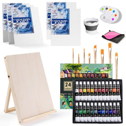 LEYEDZ 41PCS Acrylic Paint Set,Art Kit for Kids Adults Beginners | 24 Acrylic Paints,8 Brushes,5 Canvas Panels,Palette,Cup & Towel,Foldable Adjustable Table Easel for Home School Travel