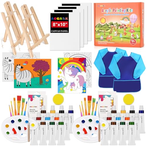 54 Pieces Acrylic Paint Set for Kids,Arts and Crafts Gifts ,Arts Supplies and Painting Kits for Kids with 8 Canvas Panels,2X 12 Paints,2 Art Smocks,2 Easels,Etc,Christmas Gifts - style: 54 PCS Painting Kits