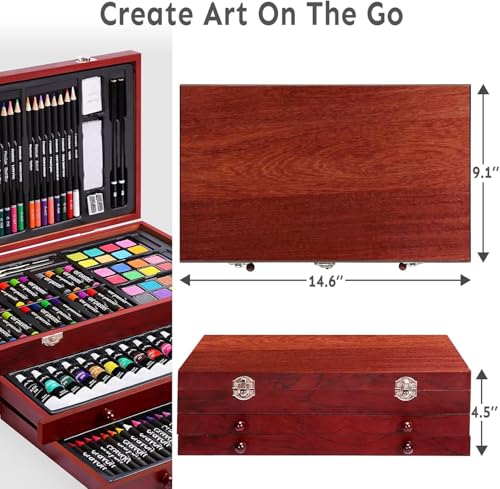 Deluxe Art Set with 2 Drawing Pads, Crayons, Acrylic Paints, Colored Pencils Set in Wooden Case, Professional Art Kit for Adults, Artist and Teens, Paint Supplies