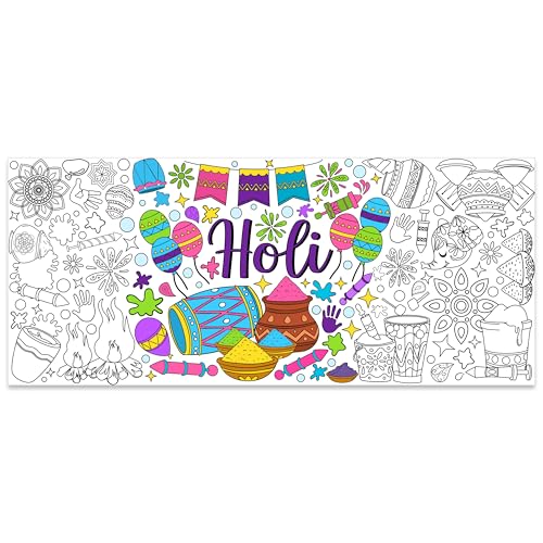 Jumbo Holi Coloring Poster - Happy Holi Festival DIY Drawing Color-in Paper Blank Doodle Art Banner 55.1 x 23.6 Inch Decor Home Family Community Activity Celebration Party Suppiles - style: Holi