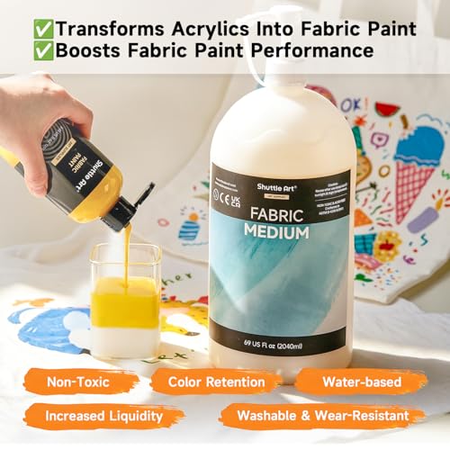 Shuttle Art Fabric Medium, 69 oz /2040ml Professional Textile Medium with Pump for Fabric Painting, Improve Acrylic & Fabric Paint Adhesion, Softness, Vibrancy, Prevent Fading, Ideal for T-Shirts,Shoes,Jeans,Bags - size: 69 Fl Oz (Pack of 1)