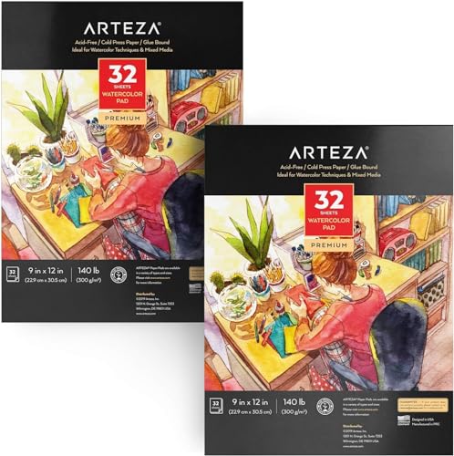 ARTEZA Watercolor Paper Pads, Pack of 2, 9 x 12 Inches, 140 lb / 300 GSM, Cold Press, Acid-Free, 32 Sheets Each, Art Paper for Watercolor, Gouache & Mixed Media - size: 64 Sheets (9 x 12 inch)