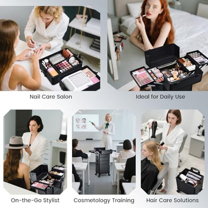 Rolling Makeup Case Makeup Train Case with Lid 5 in 1 Cosmetology Case on Wheels Cosmetic Trolley Organizer Large Makeup Organizers Case Profesional Cosmetic Case for Salon Barber Nail Beauty, Black - color: Black