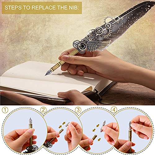 NC Feather Quill Pen Set - Includes 5 Ink Bottles, 6 Nibs, Mechanical Quill Pen for Calligraphy, Writing Letters, Signing, Invitations Etc (Grey) - color: Grey