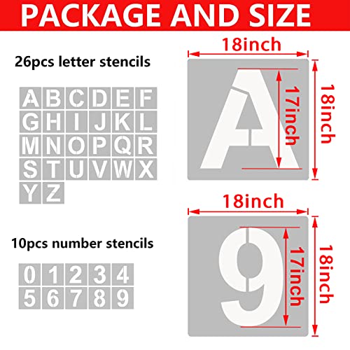 YEAJON 18 Inch Letter Stencils and Numbers, 36 Pcs Alphabet Art Craft Stencils, Reusable Plastic Templates for Wood, Wall, Fabric, Rock, Signage, DIY Art Projects (18 Inch) - size: 18 Inch