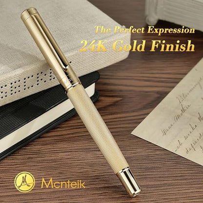 MCNTEIK Gold Personalized Rollerball Pen, Stunning Luxury Pen with Mesh Texture Design and 24K Gold Finish, Fancy Gift Set for Men & Women, Business Signature, Executive, Office,Fancy Designer Pens - color: ,Gold(Personalized)