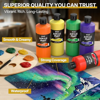WUO 24 Colors Acrylic Paint Set, 250ml/8.45oz Bottles Acrylic Paint, Professional Large Bulk Rich Pigment, Non-Toxic Multi-Surface Art Supplies for Artists Beginners Adults on Canvas Wood Rock Crafts - color: 24 Colors