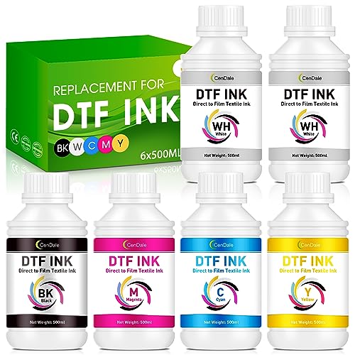 CenDale Premium DTF Ink 3000ML - DTF Transfer Ink for PET Film, Refill DTF Ink for Epson ET-8550, L1800, L800, XP15000, R2400, P400, P800, Heat Transfer Printing Ink Direct to Film (500ml x 6, CMYK W - color: 2 WH,CMYK, style: DTF Ink